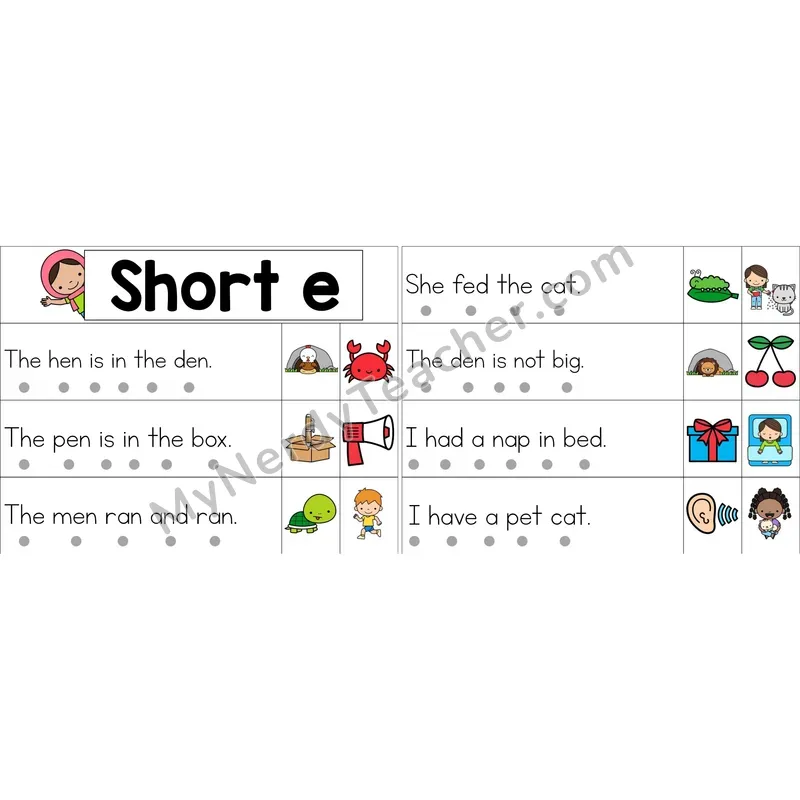 Short E Decodable Sentence Strips (Color)