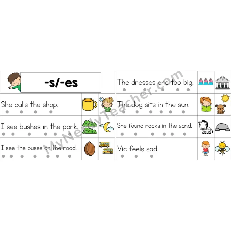 Suffixes -s, -es Decodable Sentence Strips (Color)