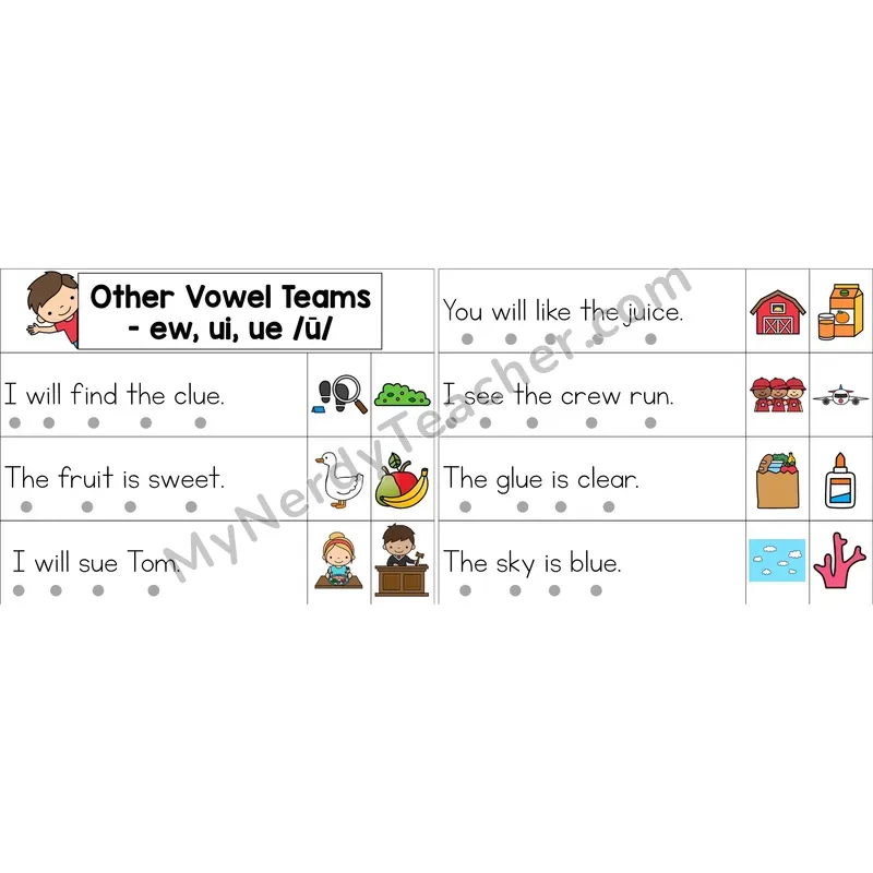 ew, ui, ue Vowel Team Decodable Sentence Strips (Color)