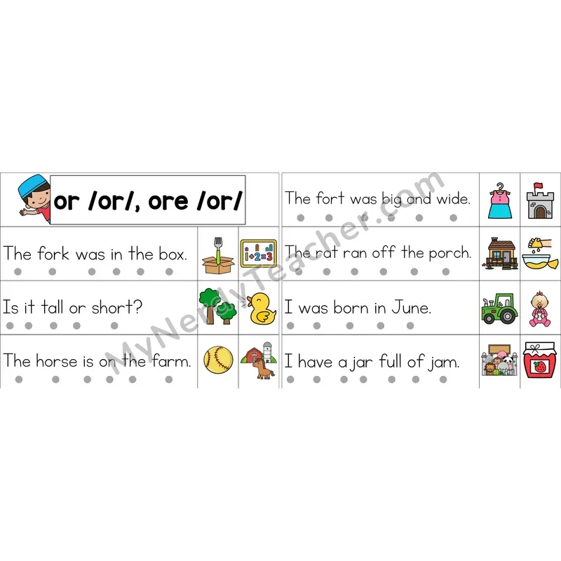 or, ore (R-Controlled) Decodable Sentence Strips (Color)