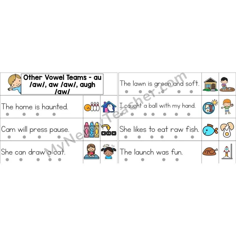 au, aw, augh Vowel Team Decodable Sentence Strips (Color)