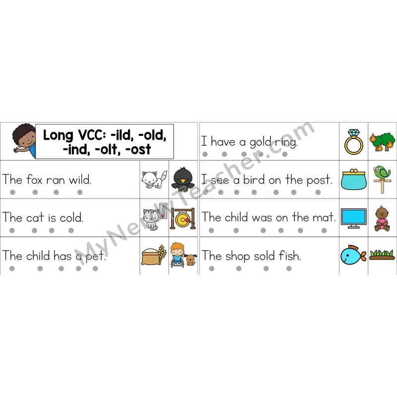Long VCC (-ild, -old, -ind, -olt, -ost) Decodable Sentence Strips (Color)