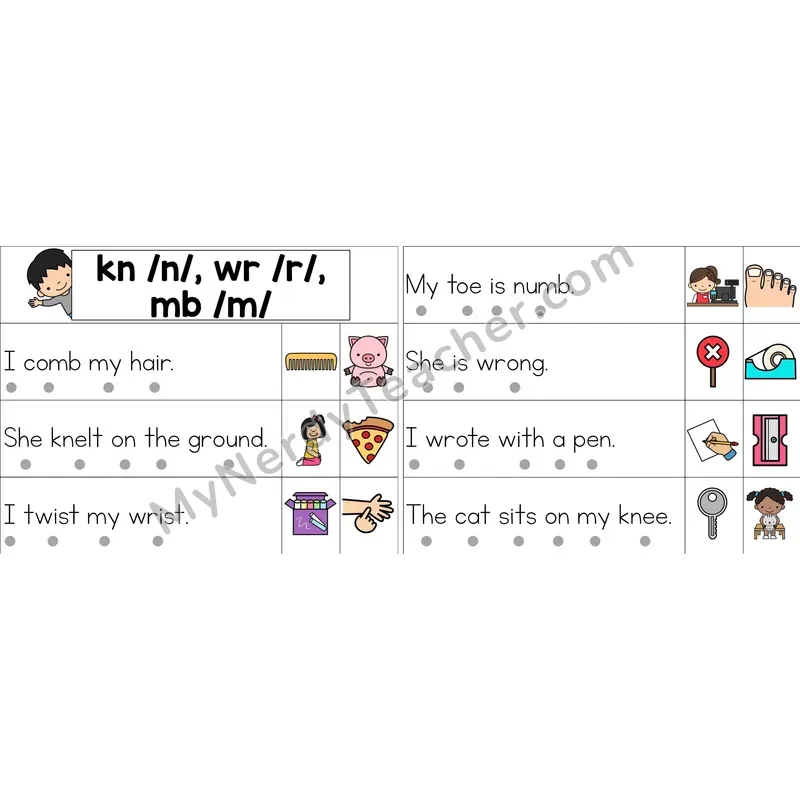Silent Letters kn, wr, mb Decodable Sentence Strips (Color)