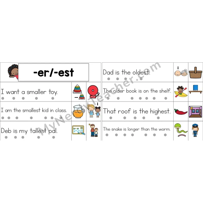 Suffixes -er, -est Decodable Sentence Strips (Color)