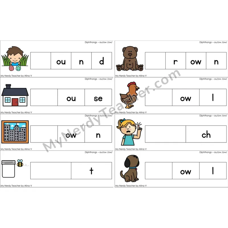 ou, ow Diphthong Missing Beginning Sounds Word Cards (Color)