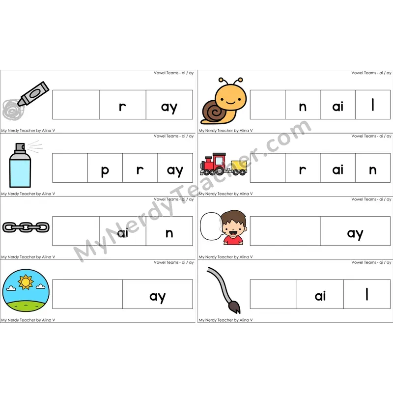 ai, ay Vowel Team Missing Beginning Sounds Word Cards (Color)