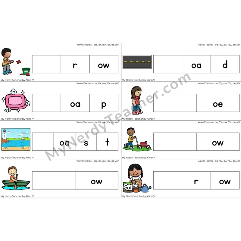 oa, ow, oe Vowel Team Missing Beginning Sounds Word Cards (Color)