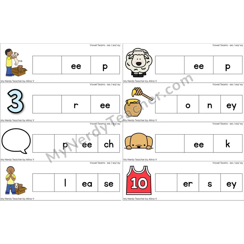 ee, ea, ey Vowel Team Missing Beginning Sounds Word Cards (Color)