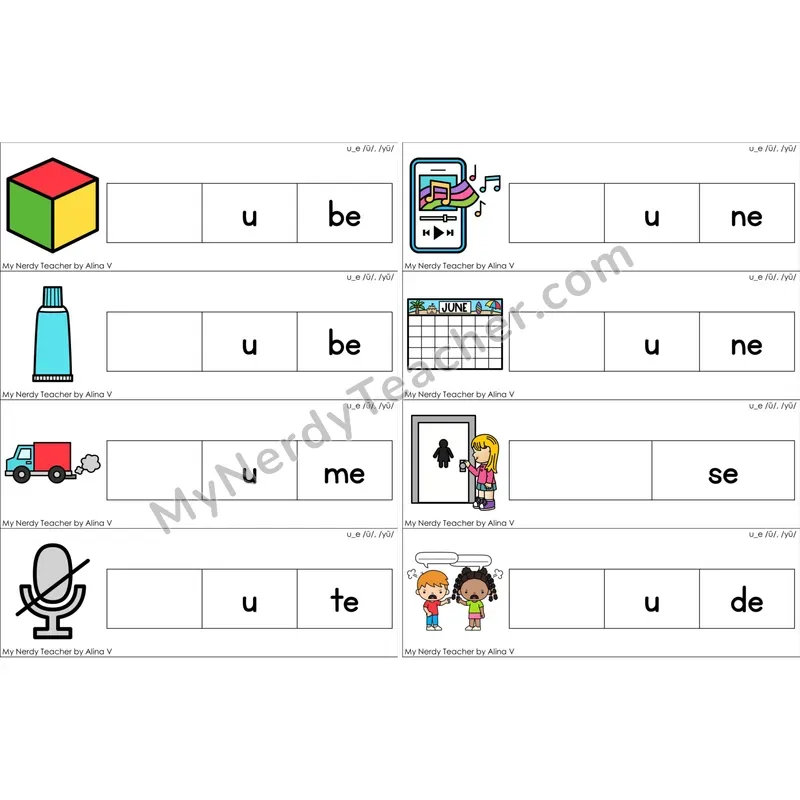 u_e (Long U VCe) Missing Beginning Sounds Word Cards (Color)