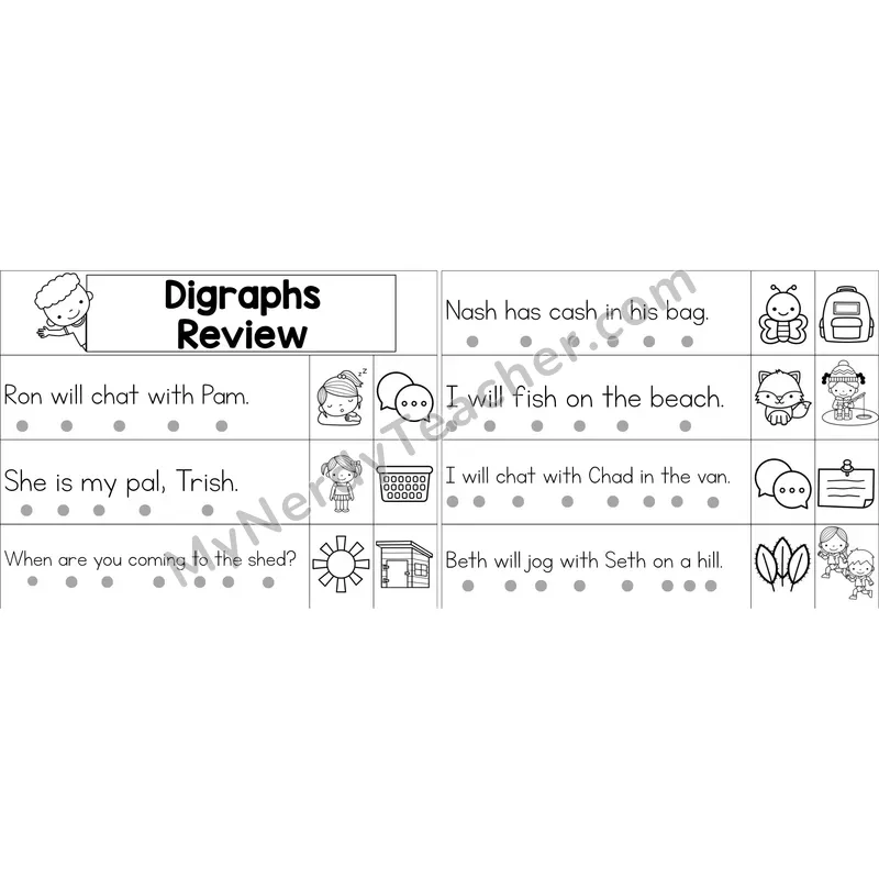 Digraphs Review Decodable Sentence Strips (Black and White)