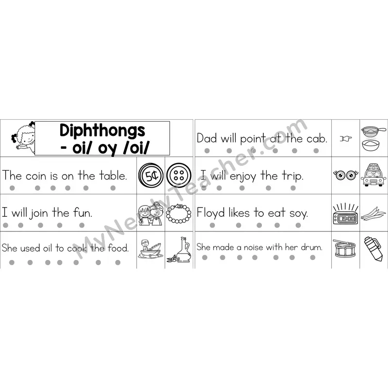 oi, oy Diphthong Decodable Sentence Strips (Black and White)