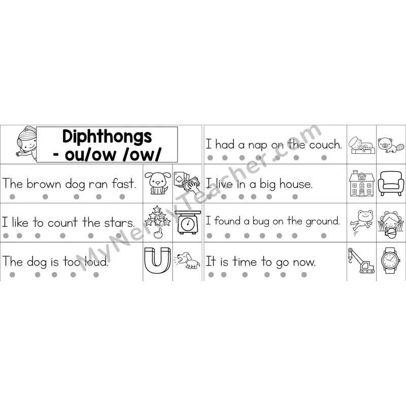 ou, ow Diphthong Decodable Sentence Strips (Black and White)