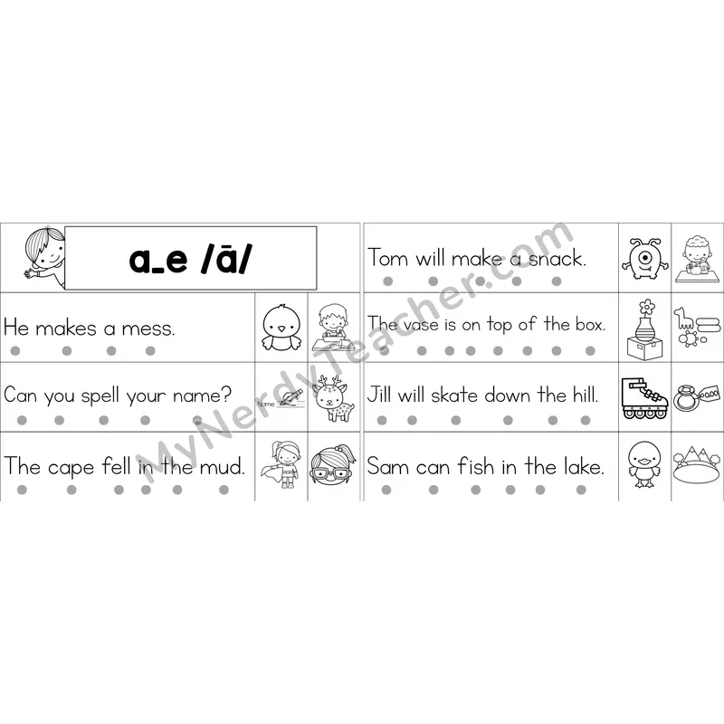 a_e (Long A VCe) Decodable Sentence Strips (Black and White)