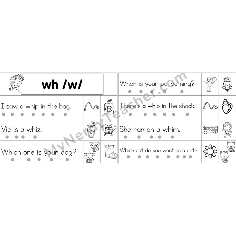 wh Digraph Decodable Sentence Strips (Black and White)