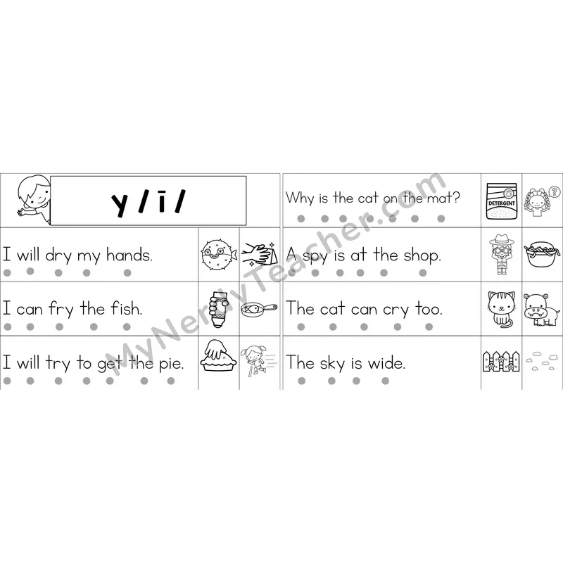 y as Long I Decodable Sentence Strips (Black and White)