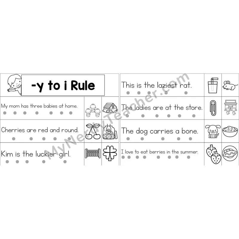 Suffix Spelling: -y to i Rule Decodable Sentence Strips (Black and White)