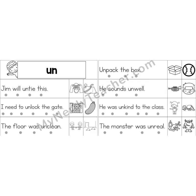 Prefix un- Decodable Sentence Strips (Black and White)