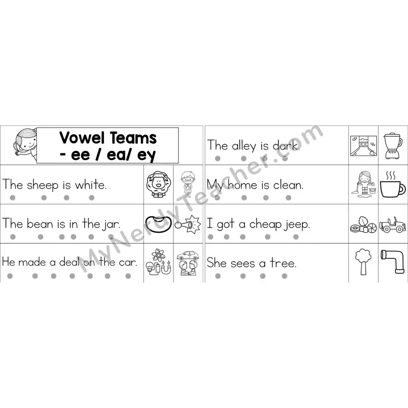 ee, ea, ey Vowel Team Decodable Sentence Strips (Black and White)