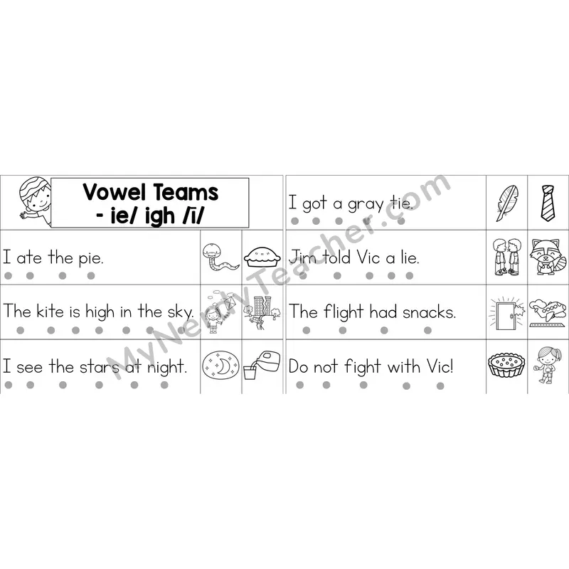 ie, igh Vowel Team Decodable Sentence Strips (Black and White)