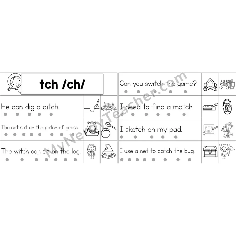 tch Trigraph Decodable Sentence Strips (Black and White)