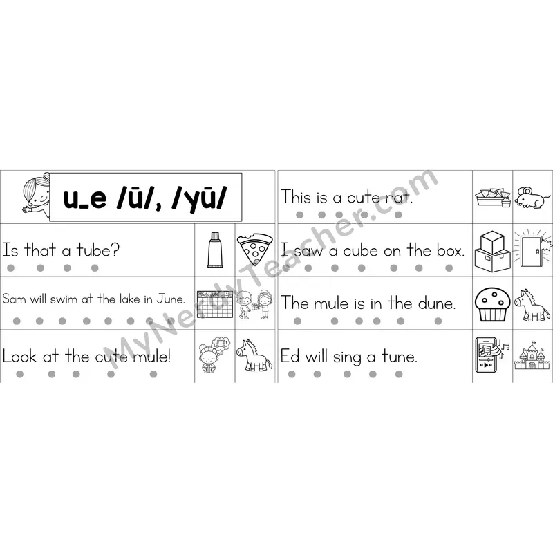 u_e (Long U VCe) Decodable Sentence Strips (Black and White)