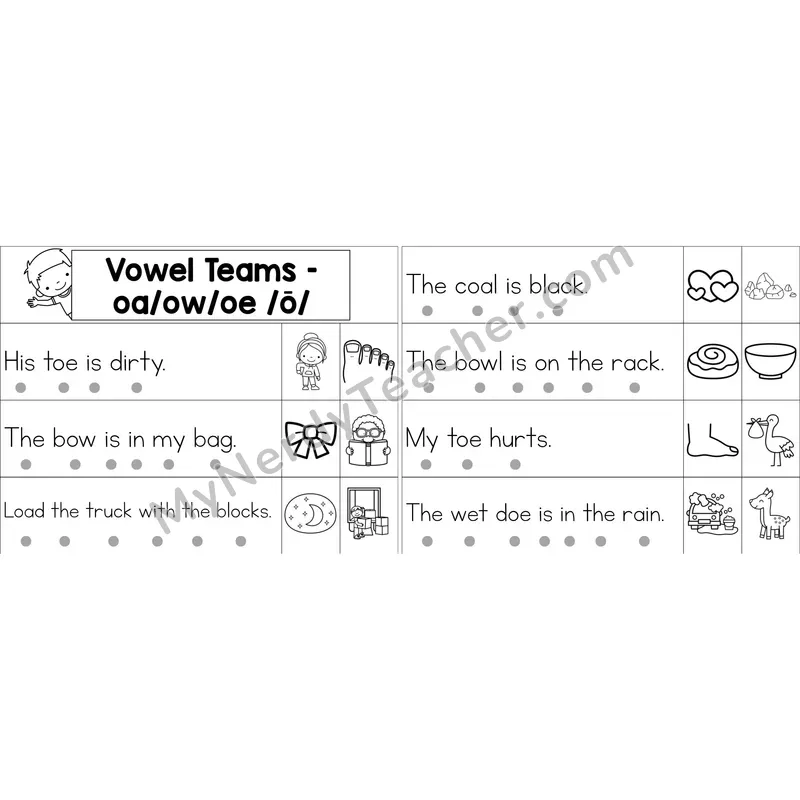 oa, ow, oe Vowel Team Decodable Sentence Strips (Black and White)