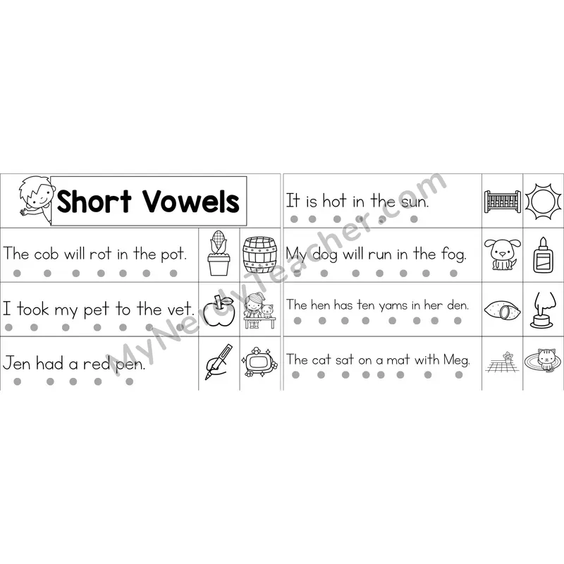 Mixed Short Vowels Decodable Sentence Strips (Black and White)