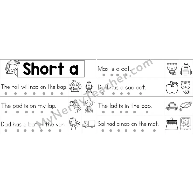 Short A Decodable Sentence Strips (Black and White)