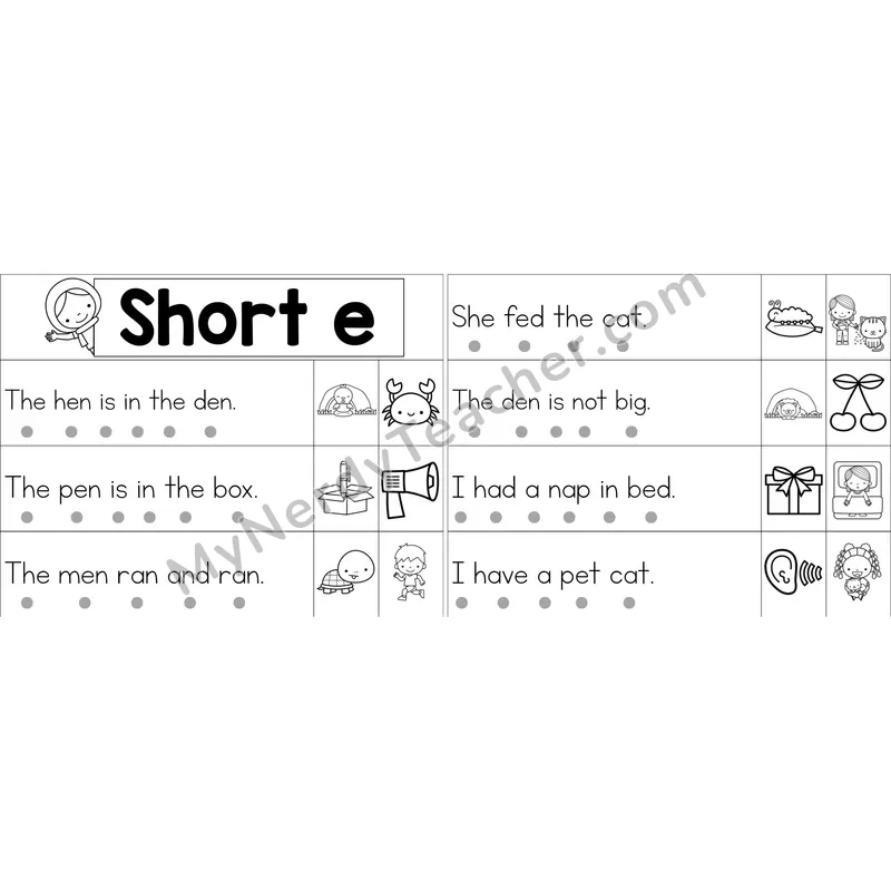 Short E Decodable Sentence Strips (Black and White)