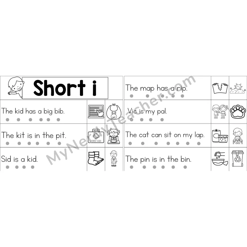 Short I Decodable Sentence Strips (Black and White)