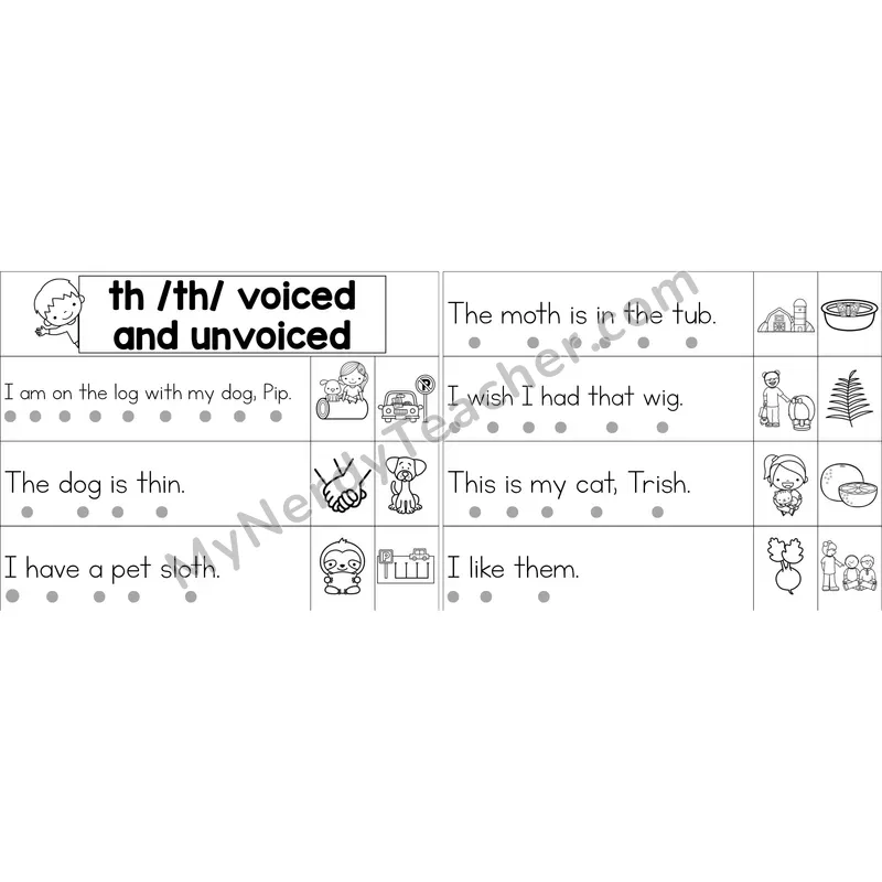 Voiced and Unvoiced th Decodable Sentence Strips (Black and White)
