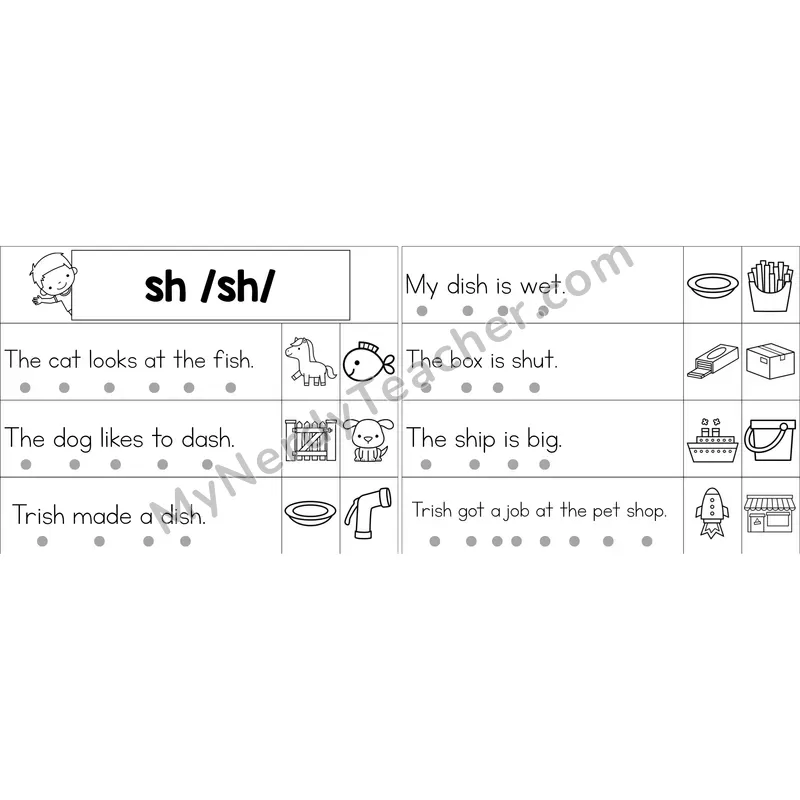 sh Digraph Decodable Sentence Strips (Black and White)