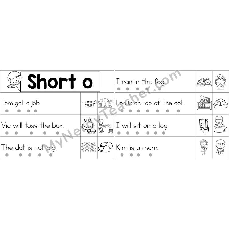 Short O Decodable Sentence Strips (Black and White)