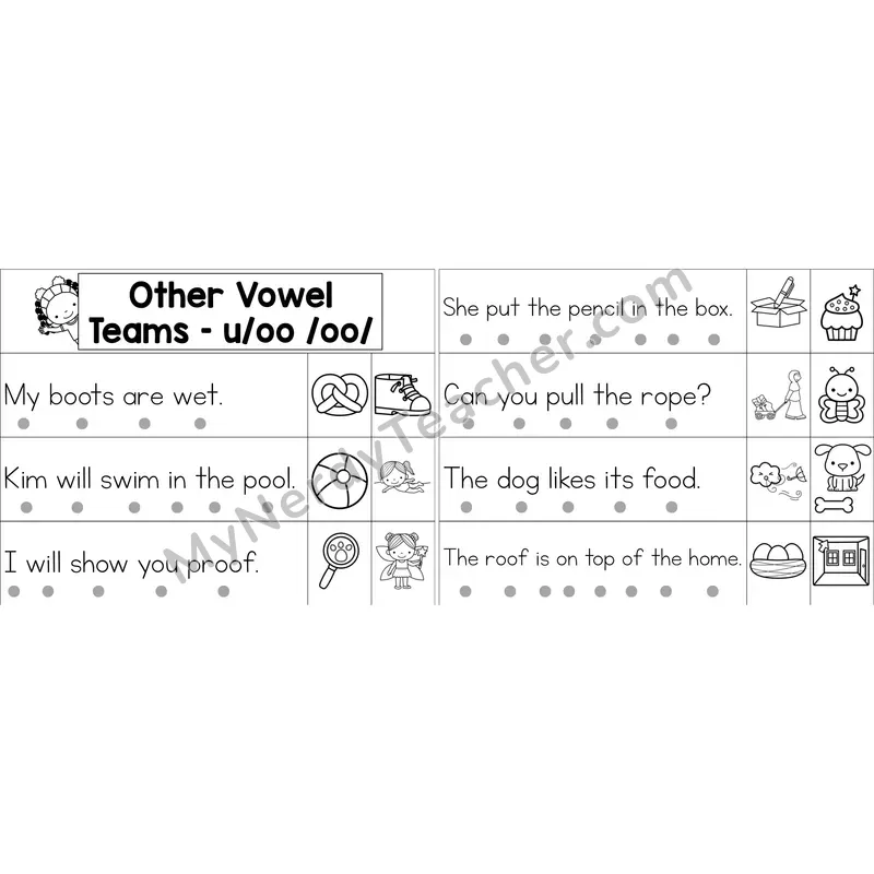 oo (long oo sound) Decodable Sentence Strips (Black and White)