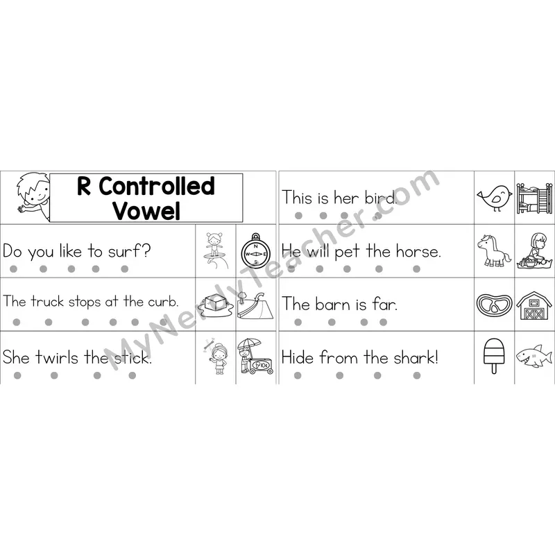 R-Controlled Vowels Review Decodable Sentence Strips (Black and White)