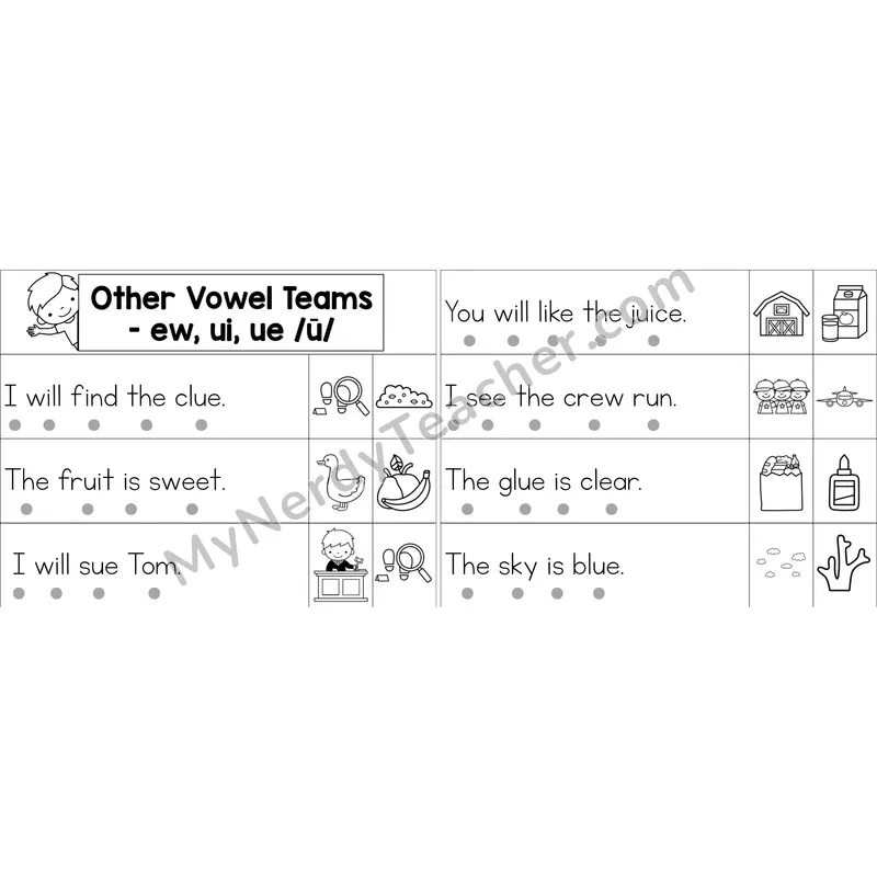 ew, ui, ue Vowel Team Decodable Sentence Strips (Black and White)