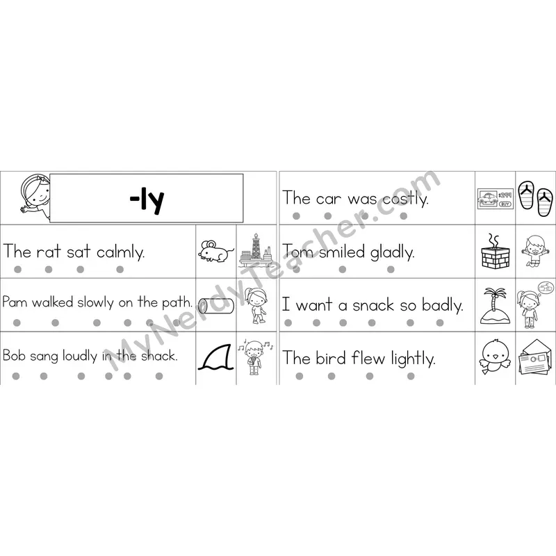 Suffix -ly Decodable Sentence Strips (Black and White)
