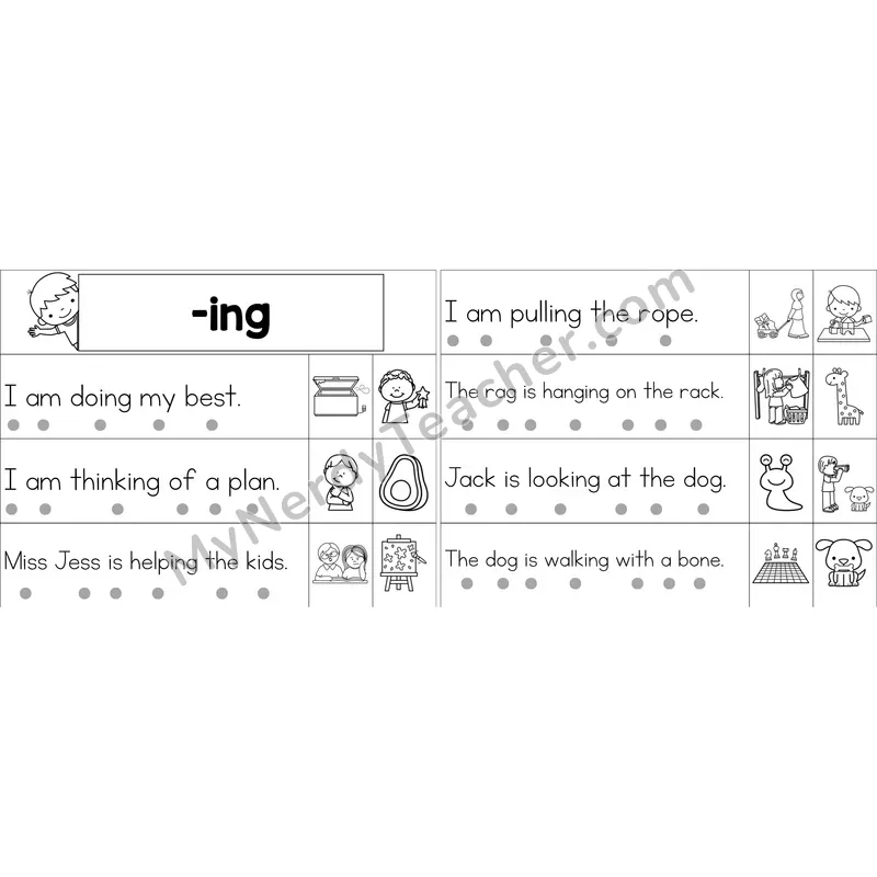 Inflectional -ing Decodable Sentence Strips (Black and White)