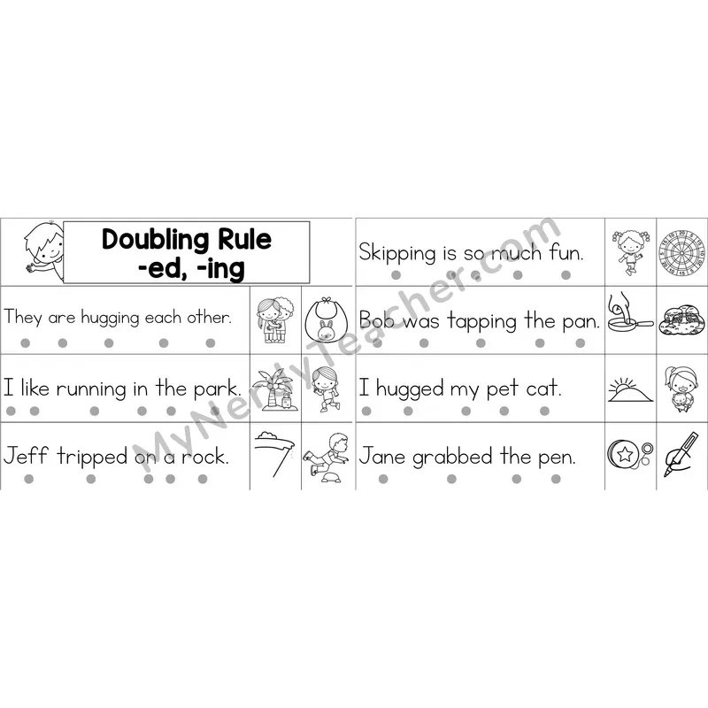 Doubling Rule (-ed, -ing) Decodable Sentence Strips (Black and White)