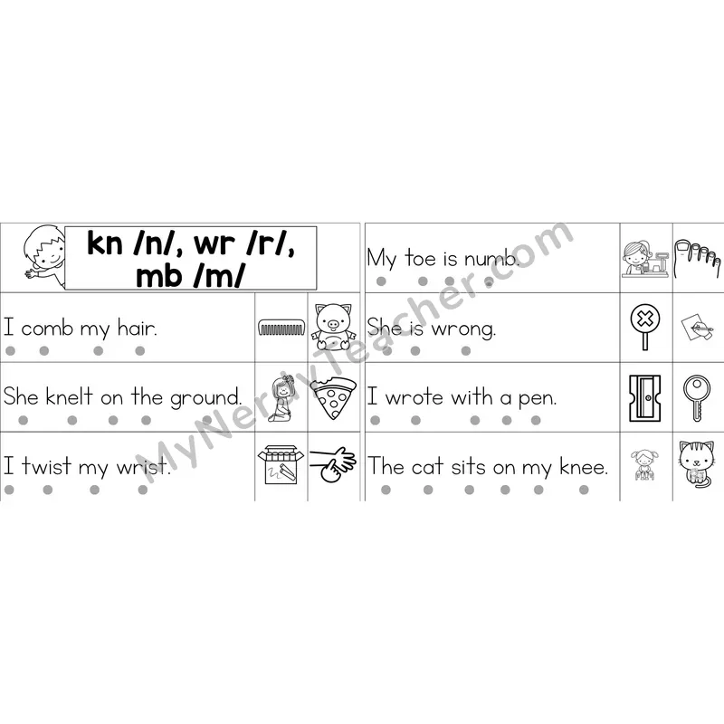 Silent Letters kn, wr, mb Decodable Sentence Strips (Black and White)