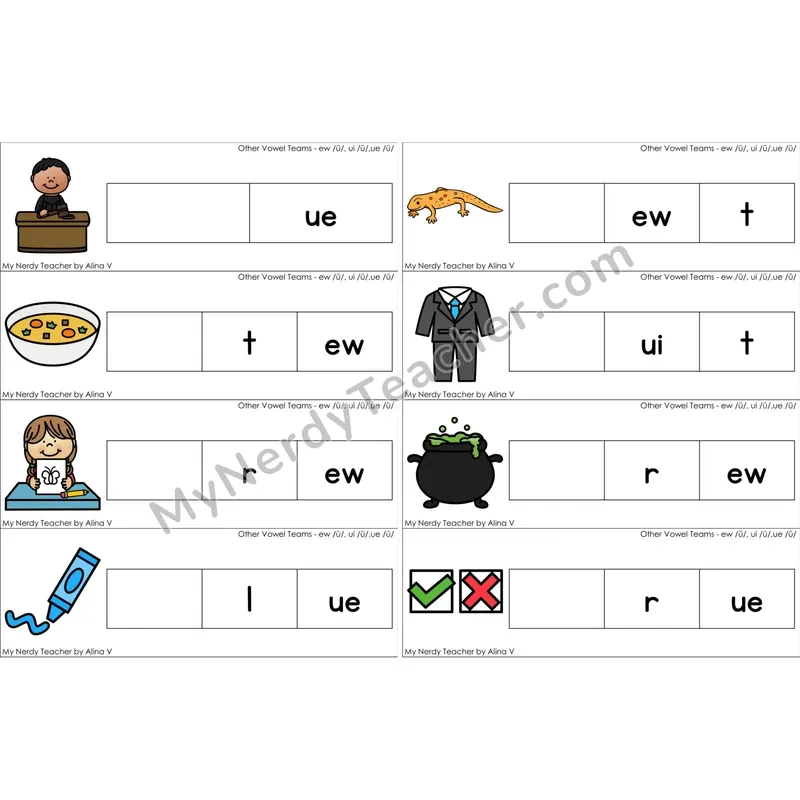 ew, ui, ue Vowel Team Missing Beginning Sounds Word Cards (Color)