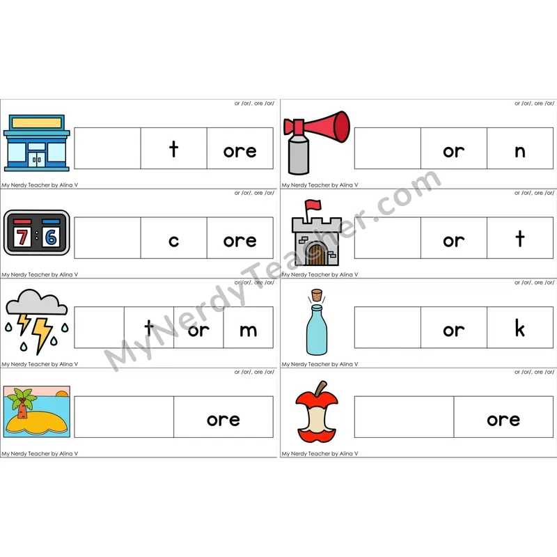 or, ore (R-Controlled) Missing Beginning Sounds Word Cards (Color)