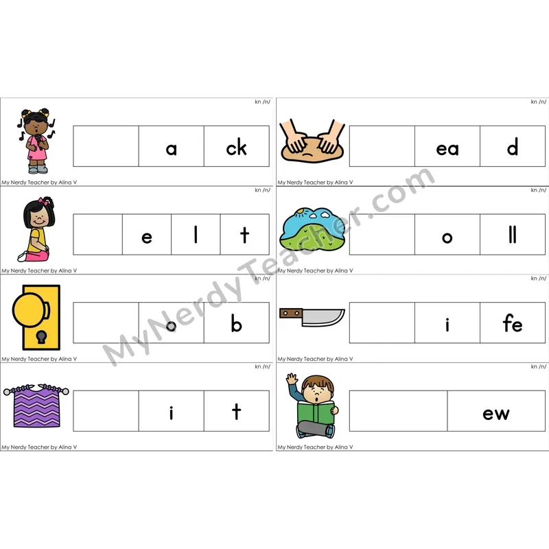 Silent kn Missing Beginning Sounds Word Cards (Color)