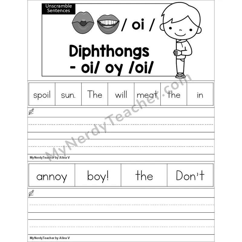 Editable oi, oy Diphthong Unscramble Sentences Worksheet (Black and White)
