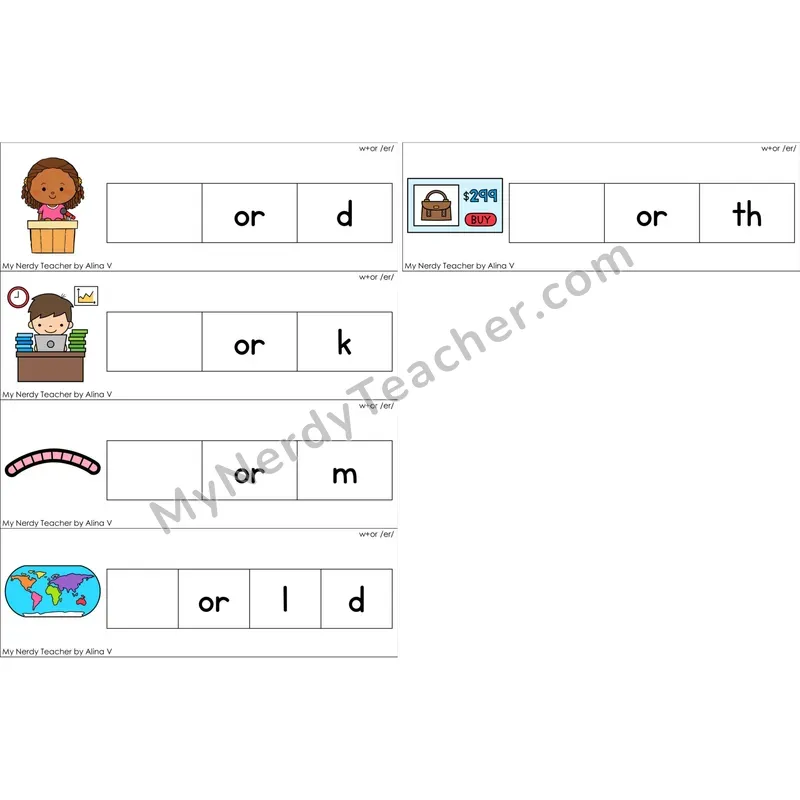 w + or (R-Controlled /er/) Missing Beginning Sounds Word Cards (Color)