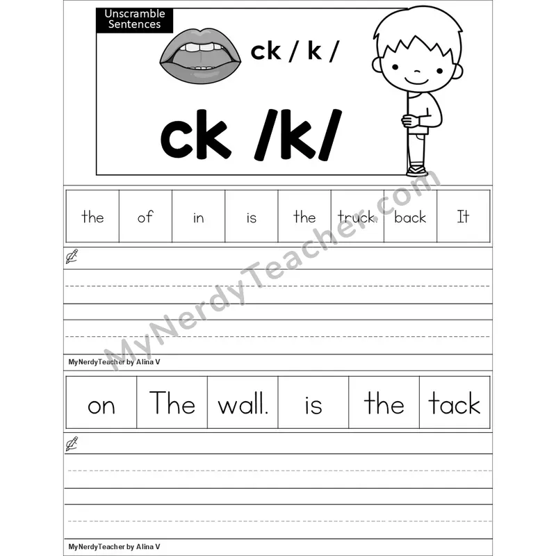 Editable ck Digraph Unscramble Sentences Worksheet (Black and White)