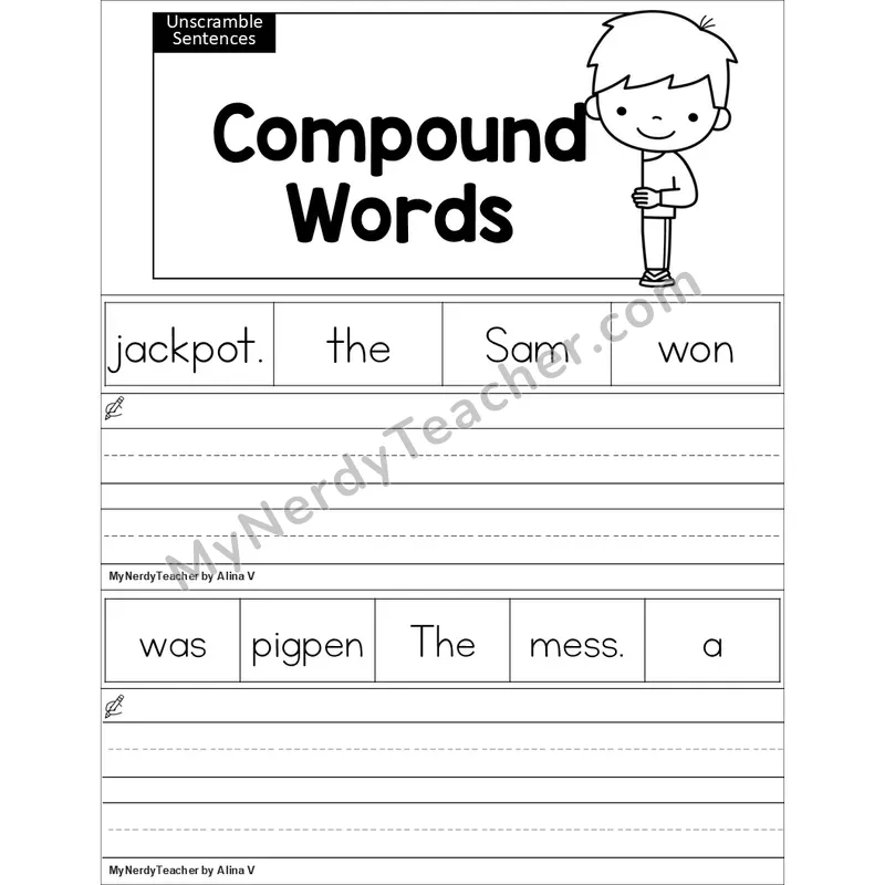 Editable Compound Words Unscramble Sentences Worksheet (Black and White)