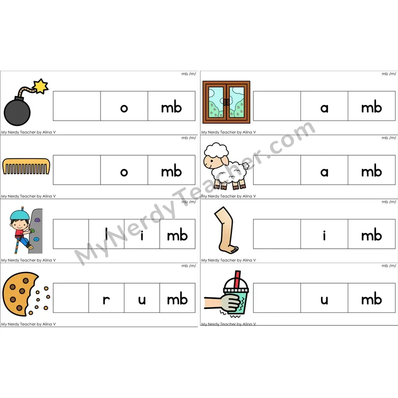 Silent mb Missing Beginning Sounds Word Cards (Color)