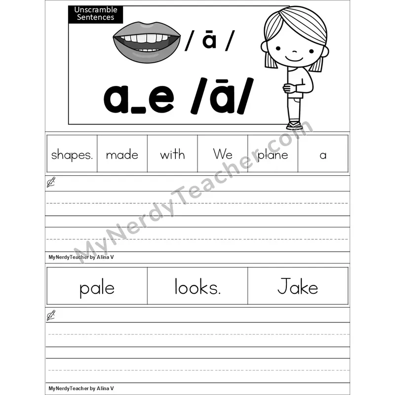Editable a_e (Long A VCe) Unscramble Sentences Worksheet (Black and White)