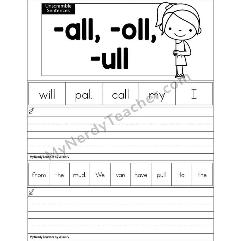 Editable Glued Sounds -all, -oll, -ull Unscramble Sentences Worksheet (Black and White)
